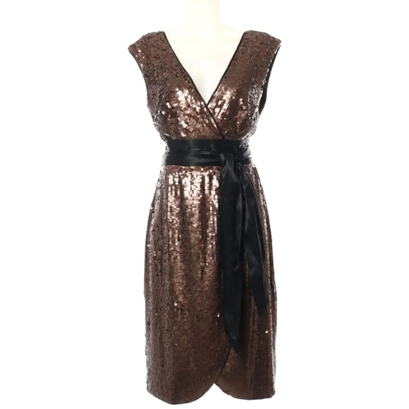 NWOT BCBGMaxAzria Reeve Metallic Bronze Sequin Faux Wrap Dress Size XS - Picture 2 of 9